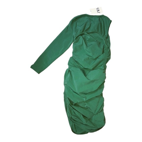Zara emerald green asymmetrical side shirred ruching open back dress. Size large - Picture 12 of 12